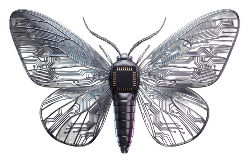 CYBERMOTH logo: a chrome moth with a microchip for a body