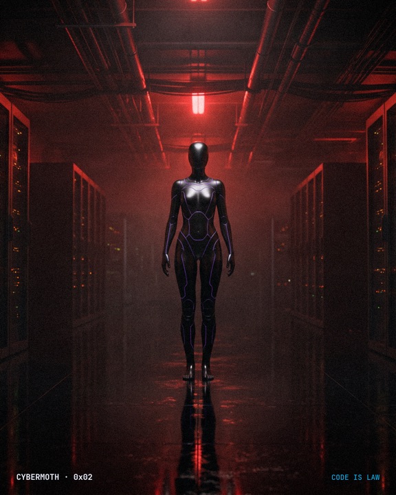 Faceless android in a red server corridor